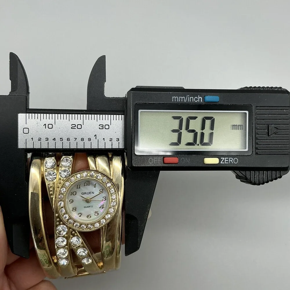 Gruen Womens Watch 35mm White Dial Gold Tone Crystal Cuff Bracelet New Battery
